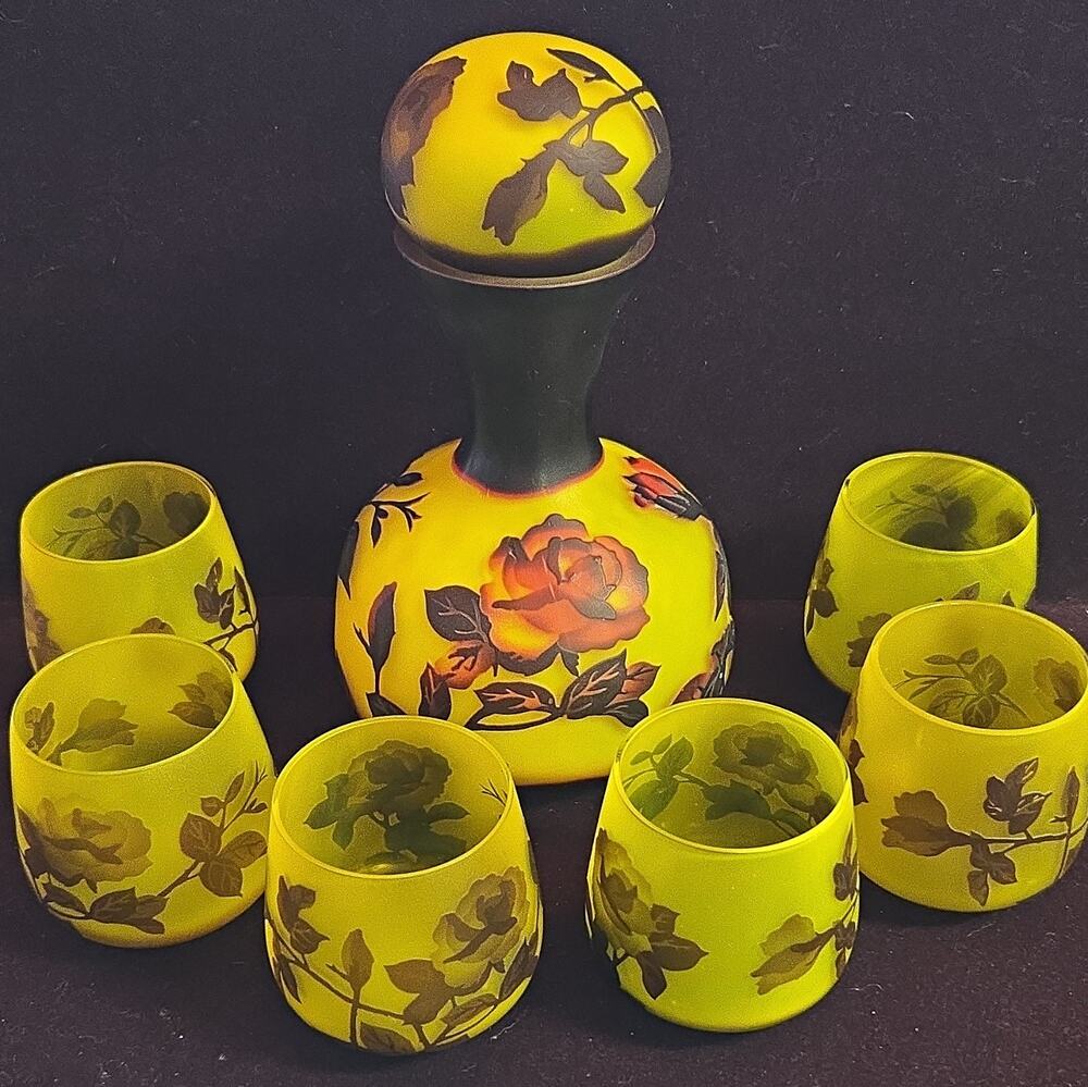 Vintage Galle Style Cameo Art Glass Decanter Set Yellow Red Rose 7pc EUC